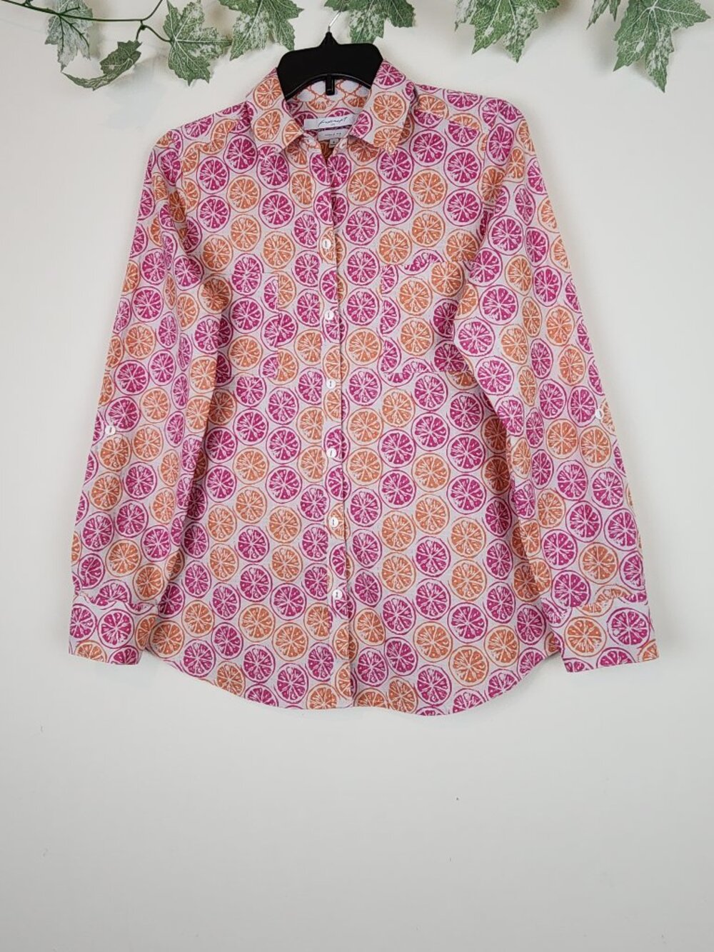 Foxcroft NYC Size 6 Wrinkle Free Citrus Print Cotton Roll Tab Sleeves Top Shirt